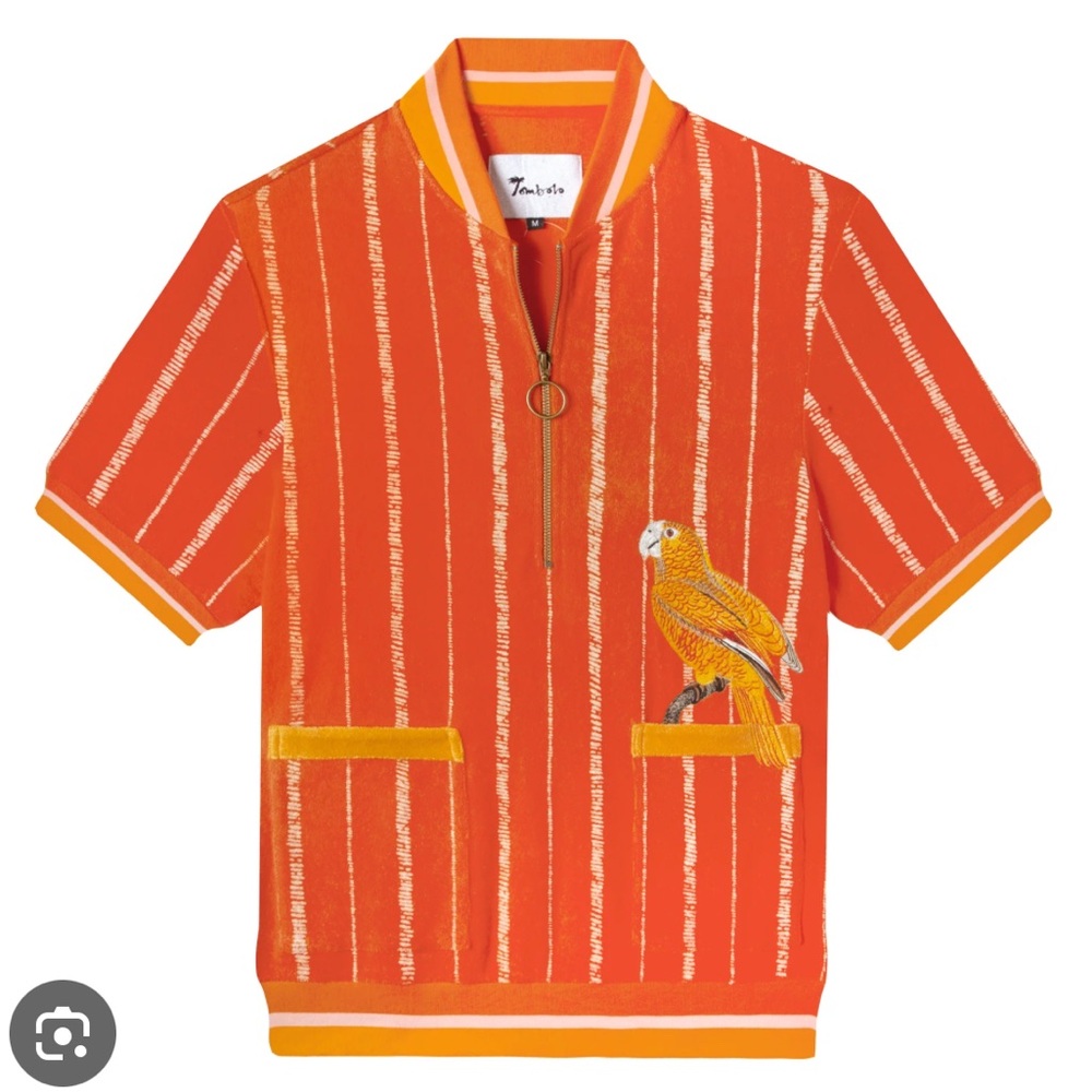 Tombolo Terry Cloth Orange Striped Shirt with Parrot Embroidery